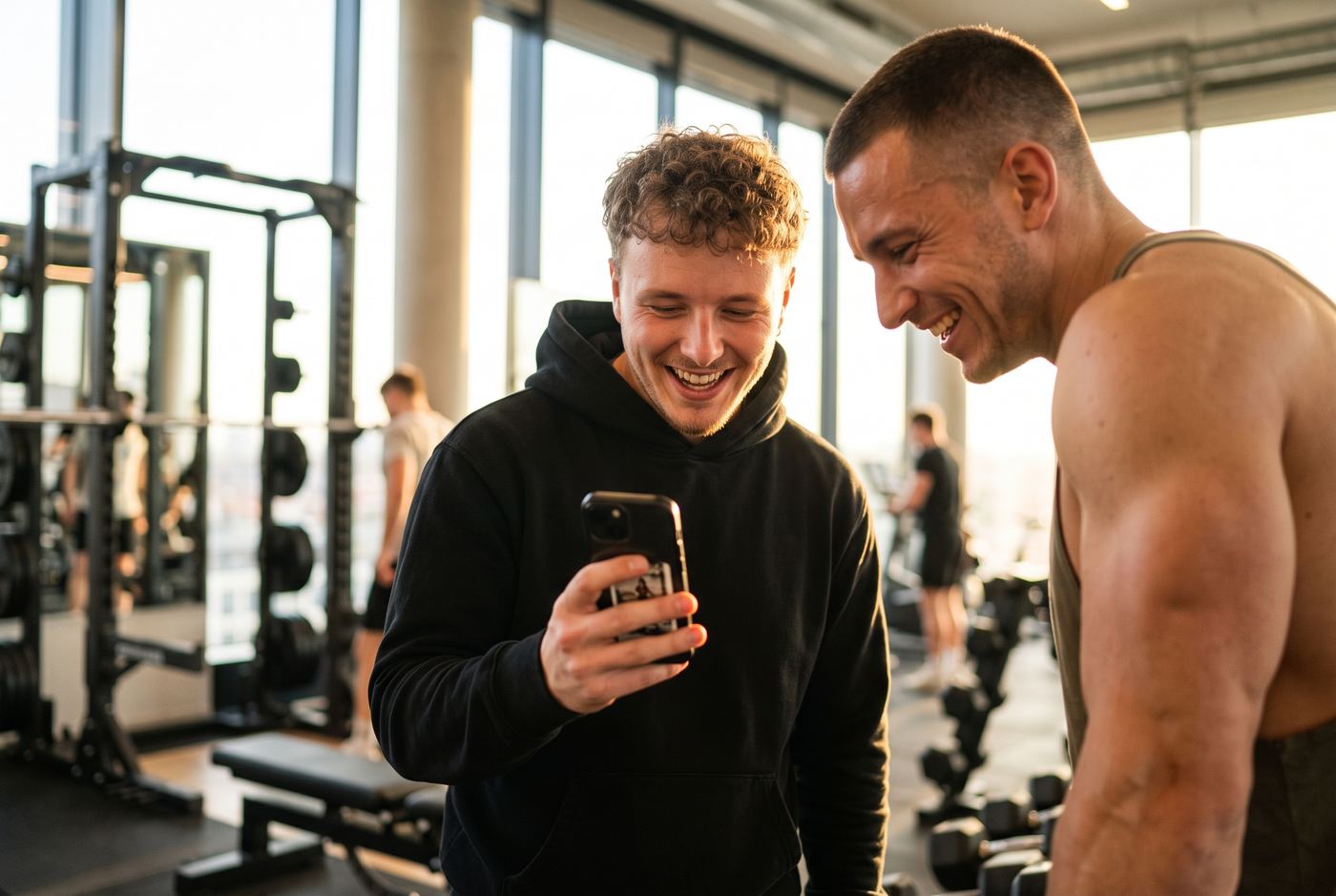 Nicholas und ein Coach schauen sich ein fertiges Reel am Handy an