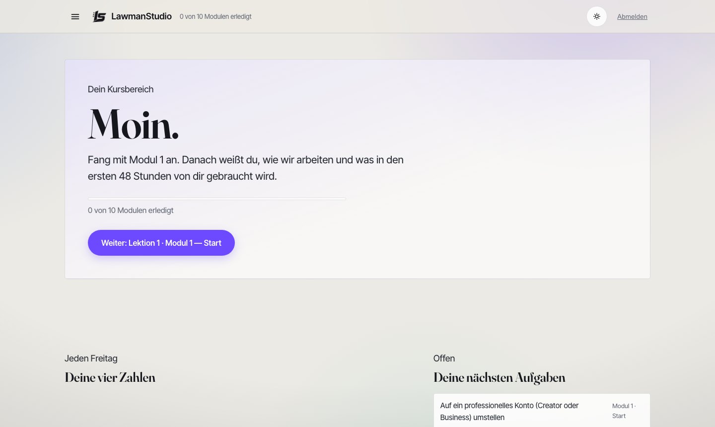 Der Kursbereich: Dashboard mit Modulen und nächsten Aufgaben